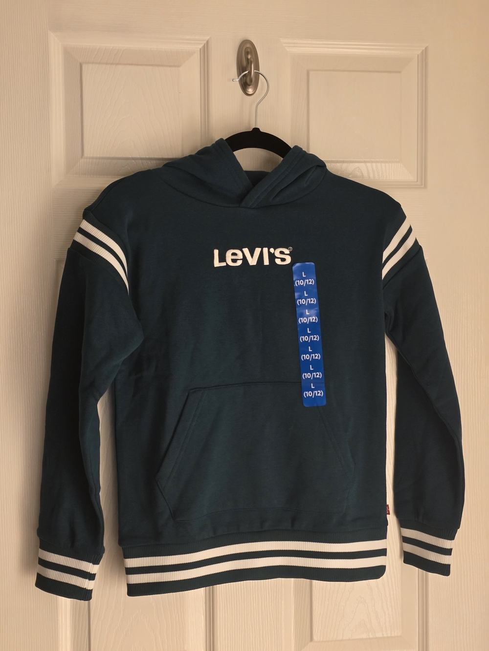 Levi's Boy's Green Hooded Sweater with Striped Trim - Large